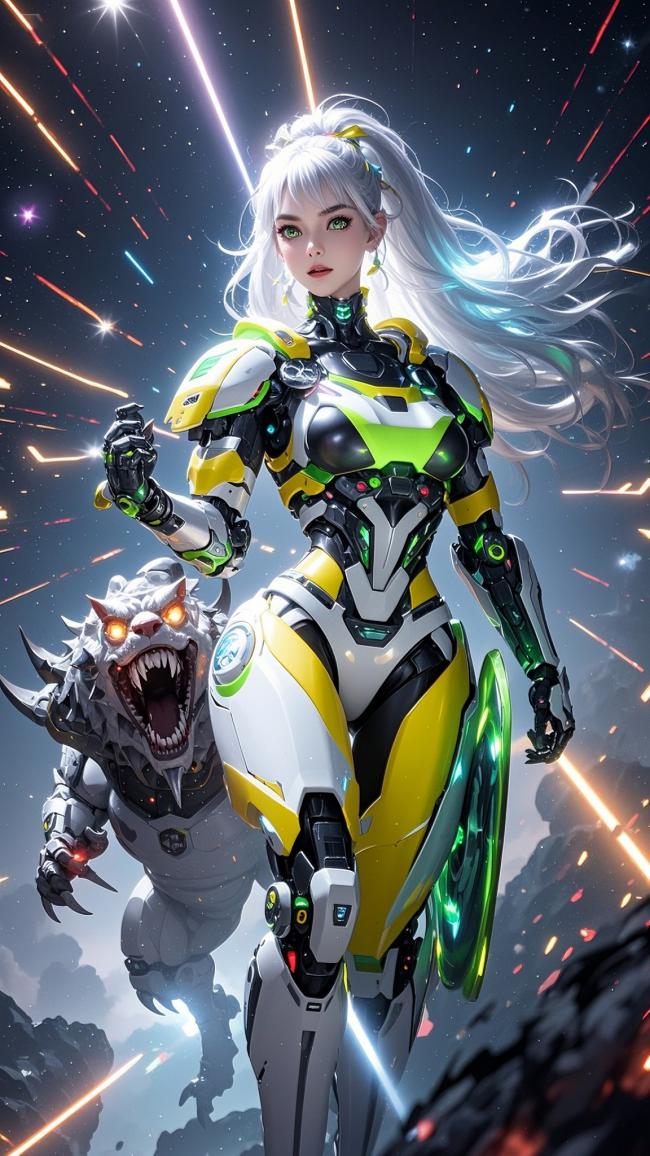 赛博机甲女战士与机械猛兽激战星海