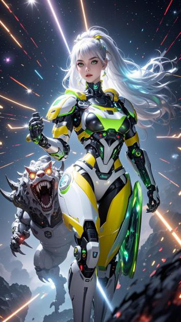 赛博机甲女战士与机械猛兽激战星海