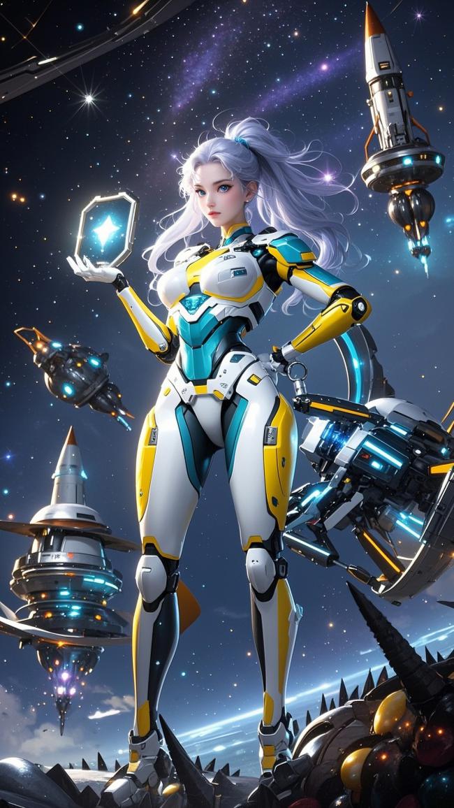 银发机甲女战士立于星际战场