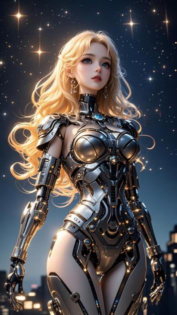 赛博朋克女机甲战士星空下伫立