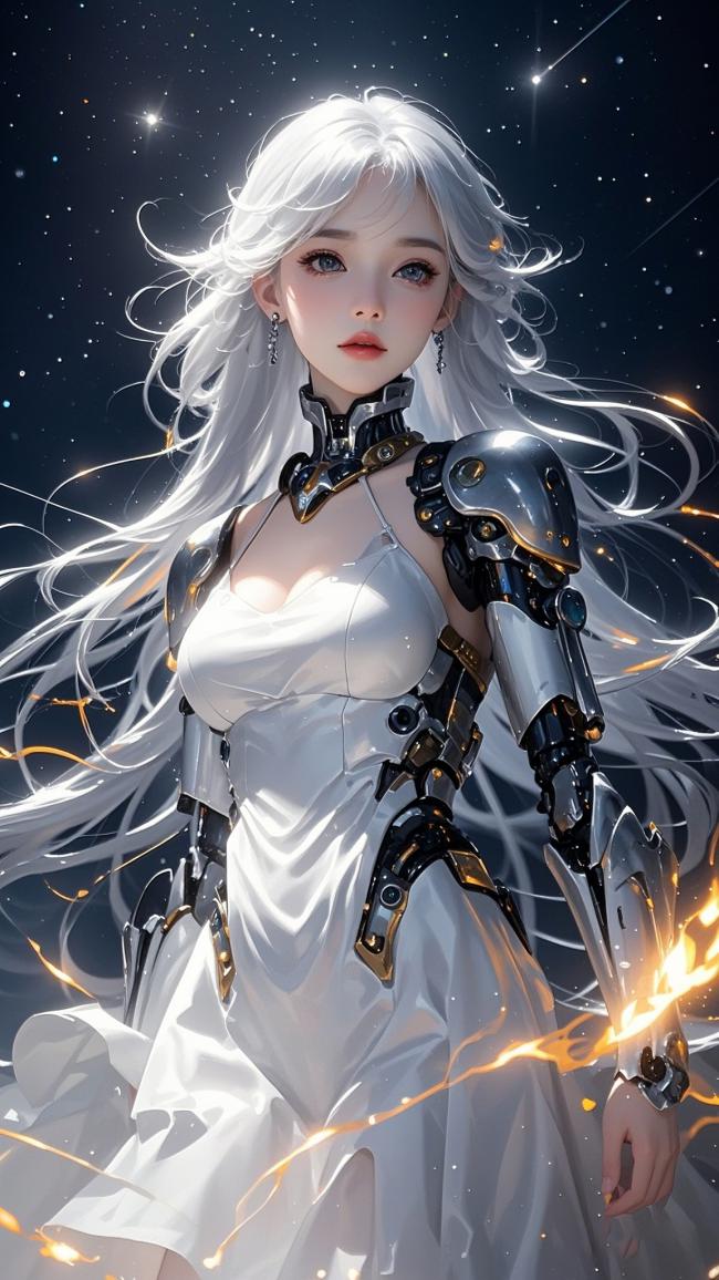 银发机甲女战士：赛博朋克星空幻境