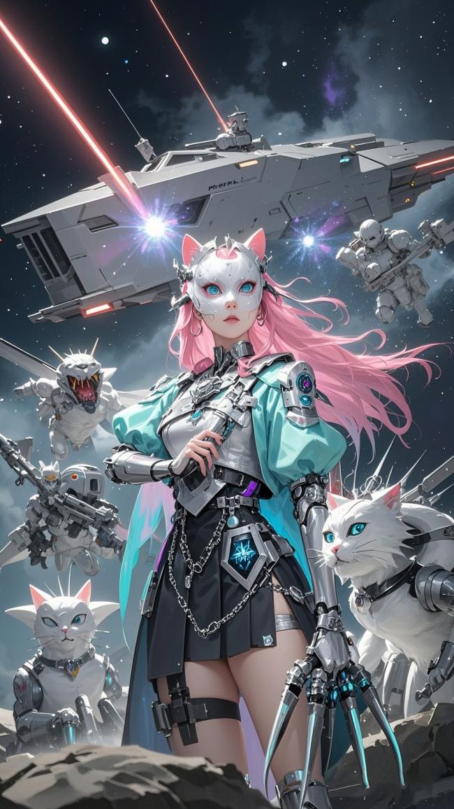 赛博朋克猫女机甲战士太空激战图
