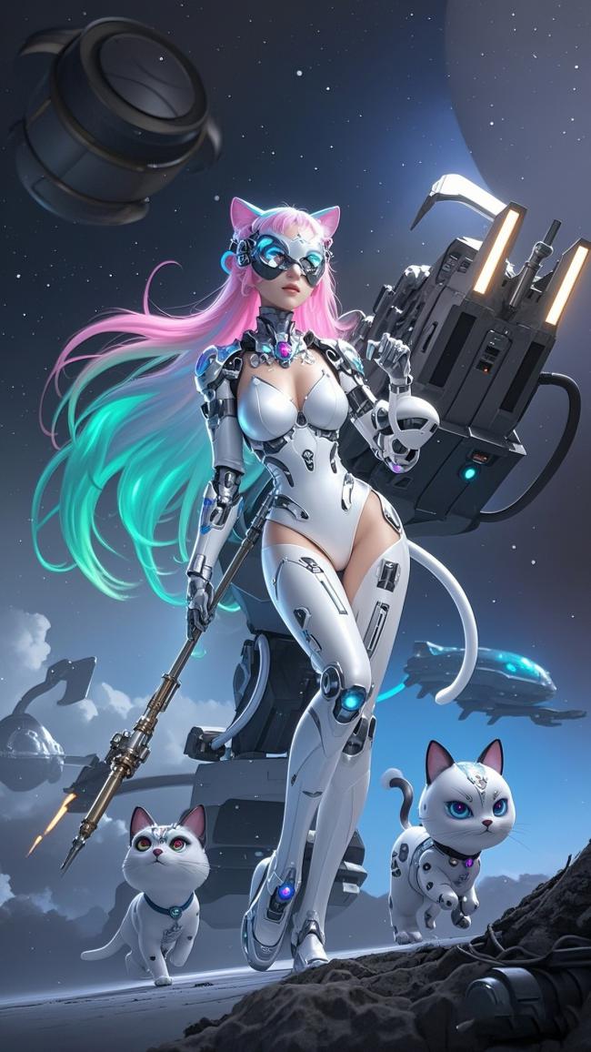 赛博猫娘太空战场景插画