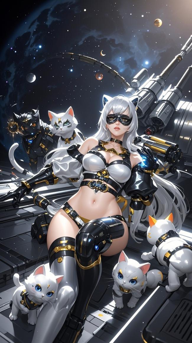 赛博猫女战士与机械猫群的太空战舰场景