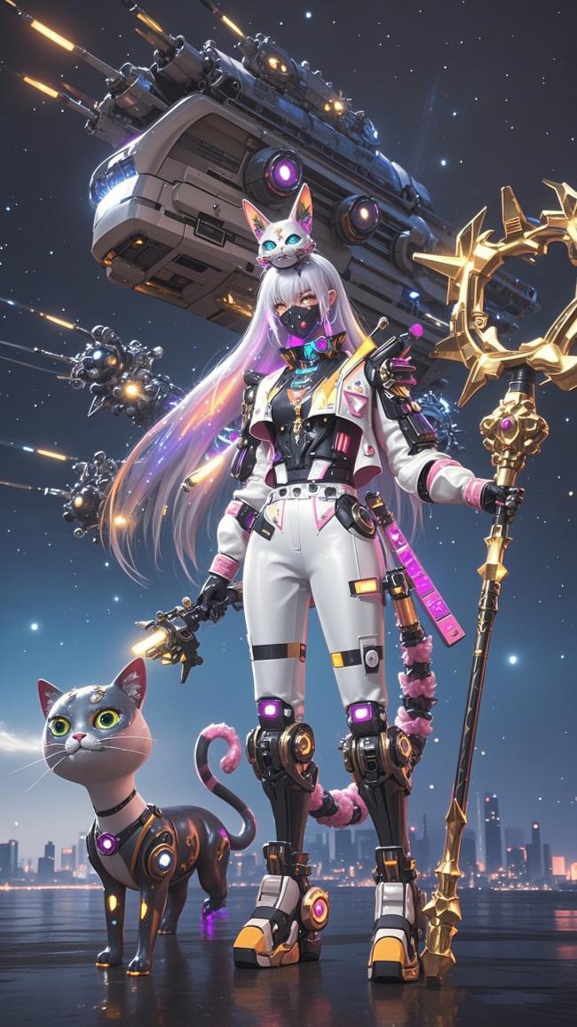 赛博朋克女战士与机械猫伴生夜景图