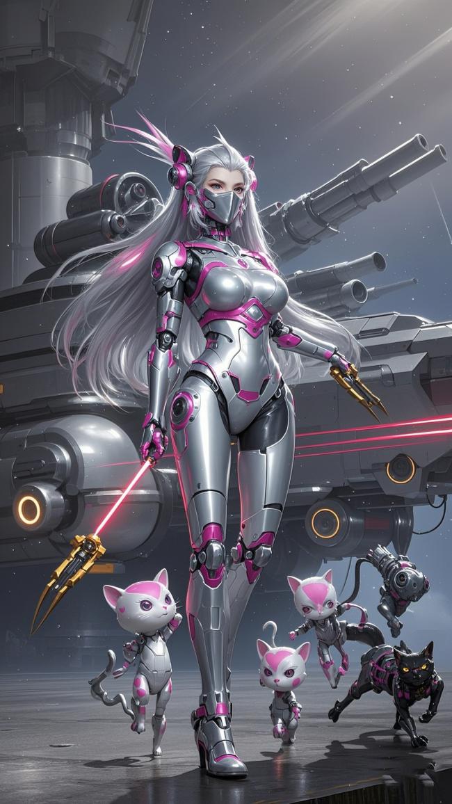 赛博朋克机甲女战士与机械猫军团