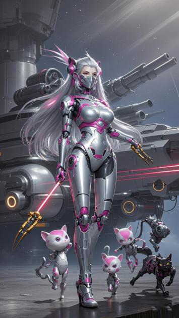 赛博朋克机甲女战士与机械猫军团