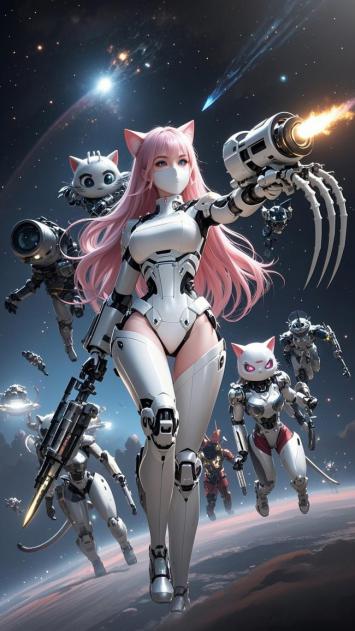 赛博猫女机甲战士太空激战场景