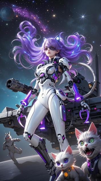 紫发机甲猫女战士｜赛博朋克太空奇遇