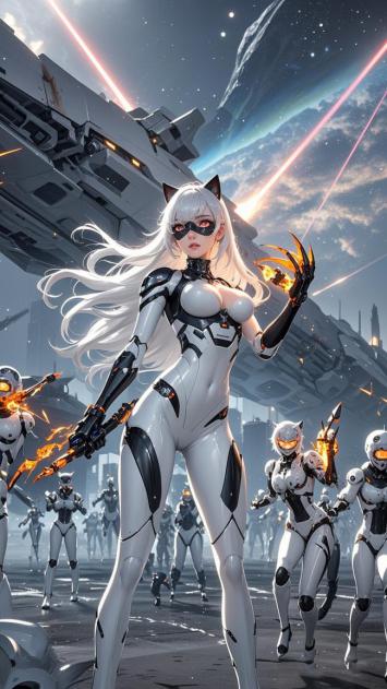 赛博朋克猫耳女战士率队冲锋太空战场