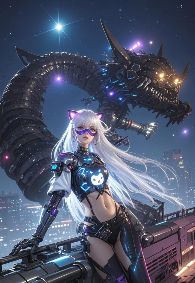 银发猫耳女战士与机械巨龙共舞星夜都市