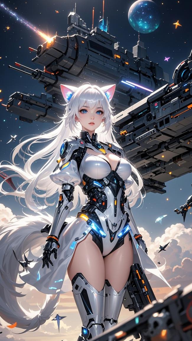 赛博猫耳女战士立于星际战舰前