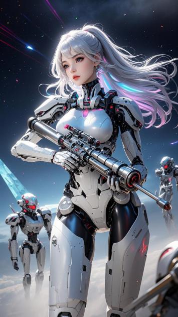 赛博朋克银发女战士持枪立于星海战场