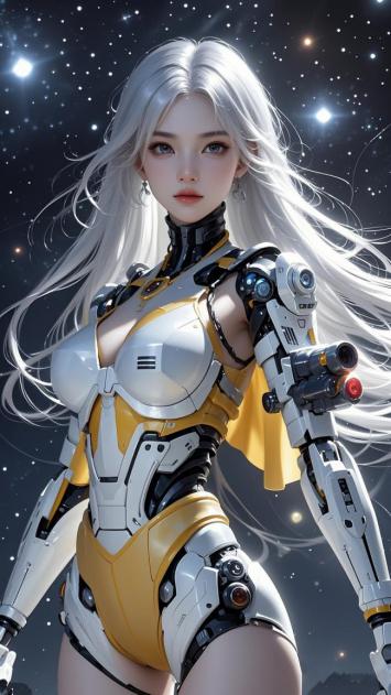 赛博朋克银发机甲女战士星海立像