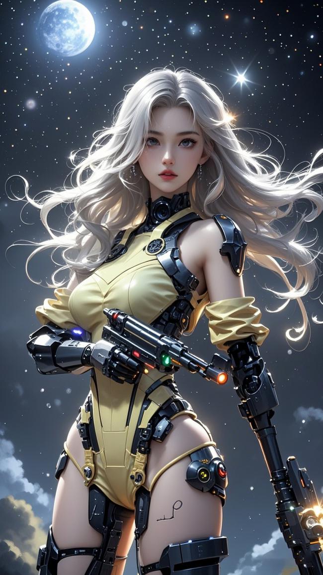 赛博朋克银发女战士持枪立于星月之下