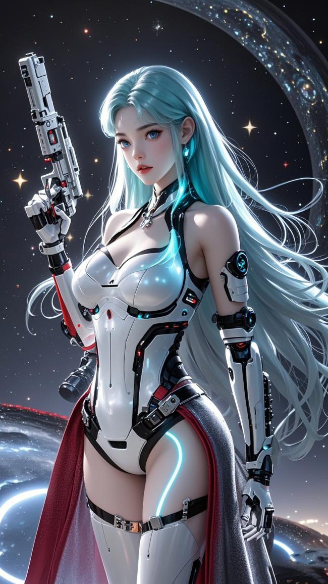 赛博朋克女战士持枪立于星环之下