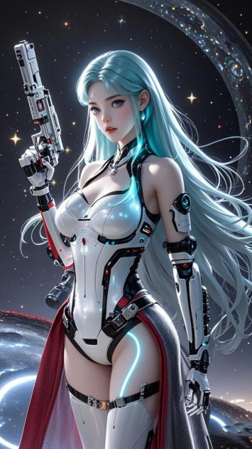 赛博朋克女战士持枪立于星环之下