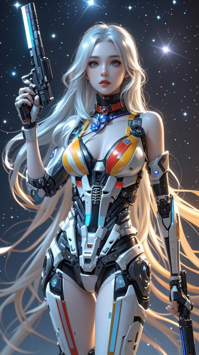 赛博朋克银发女战士持枪立于星海