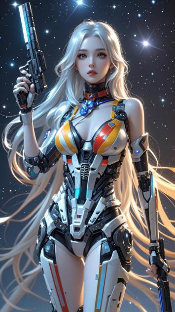 赛博朋克银发女战士持枪立于星海