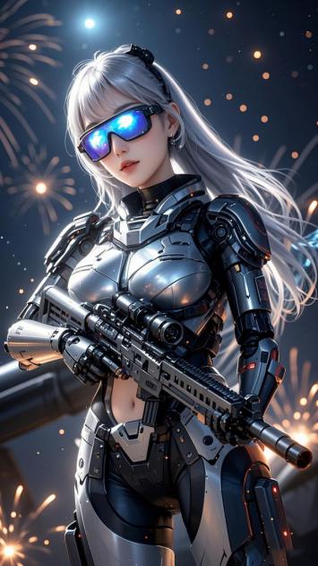 赛博朋克银发女战士持枪烟花夜景