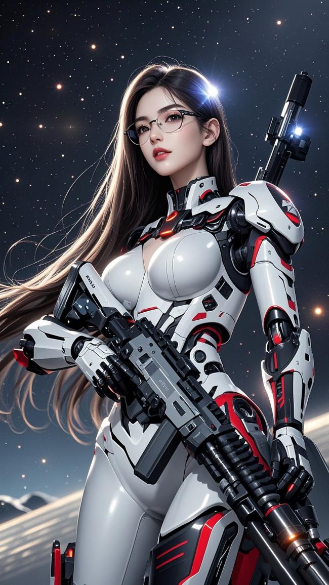赛博朋克女战士持枪立于星海之间