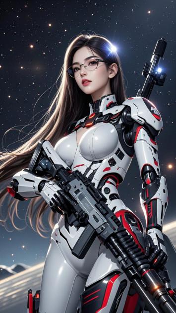 赛博朋克女战士持枪立于星海之间