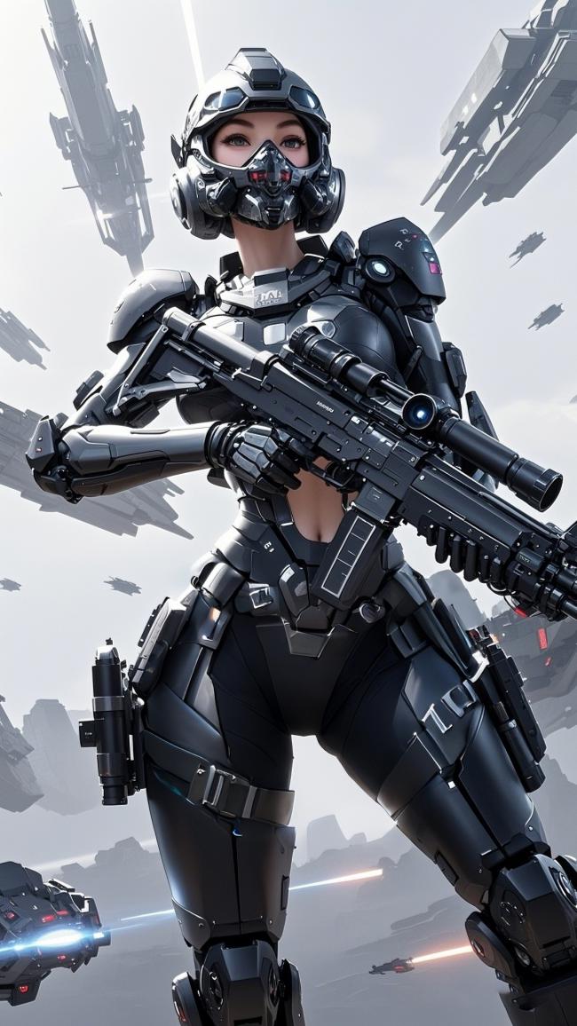 赛博朋克女战士持枪立于太空战场