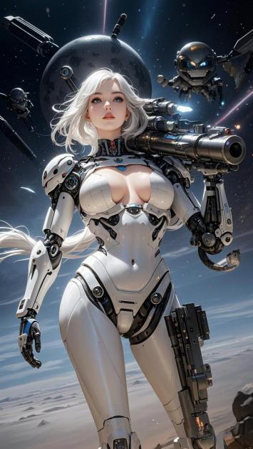 赛博朋克女机甲战士太空激战图
