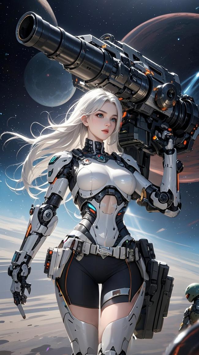 银发机甲女战士持巨炮立于星际战场