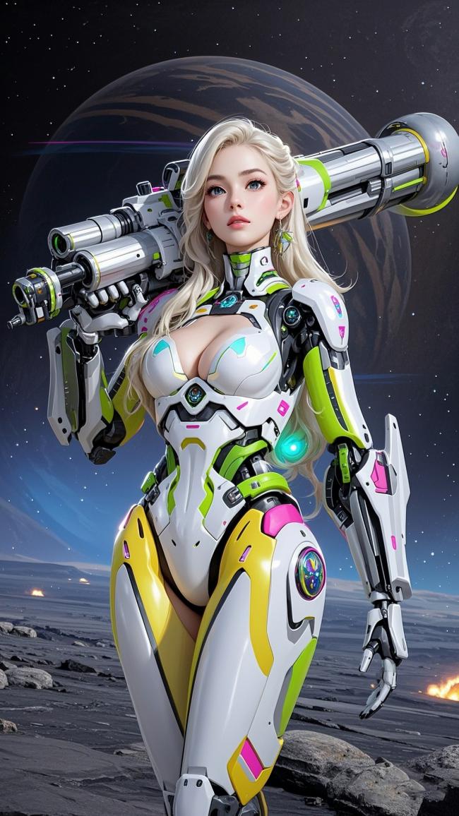 赛博朋克女战士持械立于异星荒漠