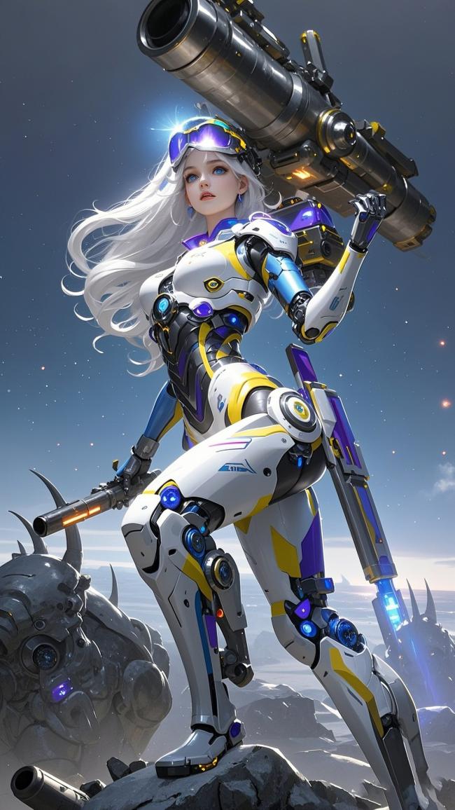 赛博朋克机甲女战士持炮立于星海废墟