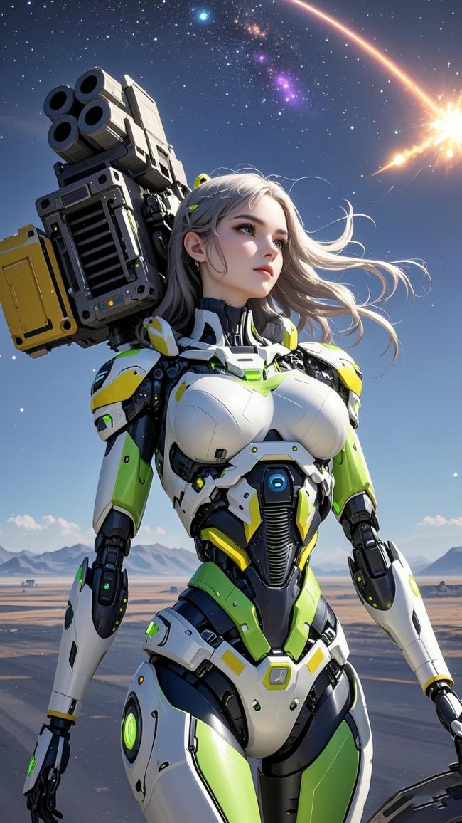赛博朋克女战士背负重炮立于星海荒漠