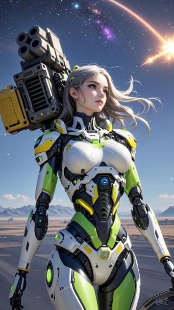 赛博朋克女战士背负重炮立于星海荒漠