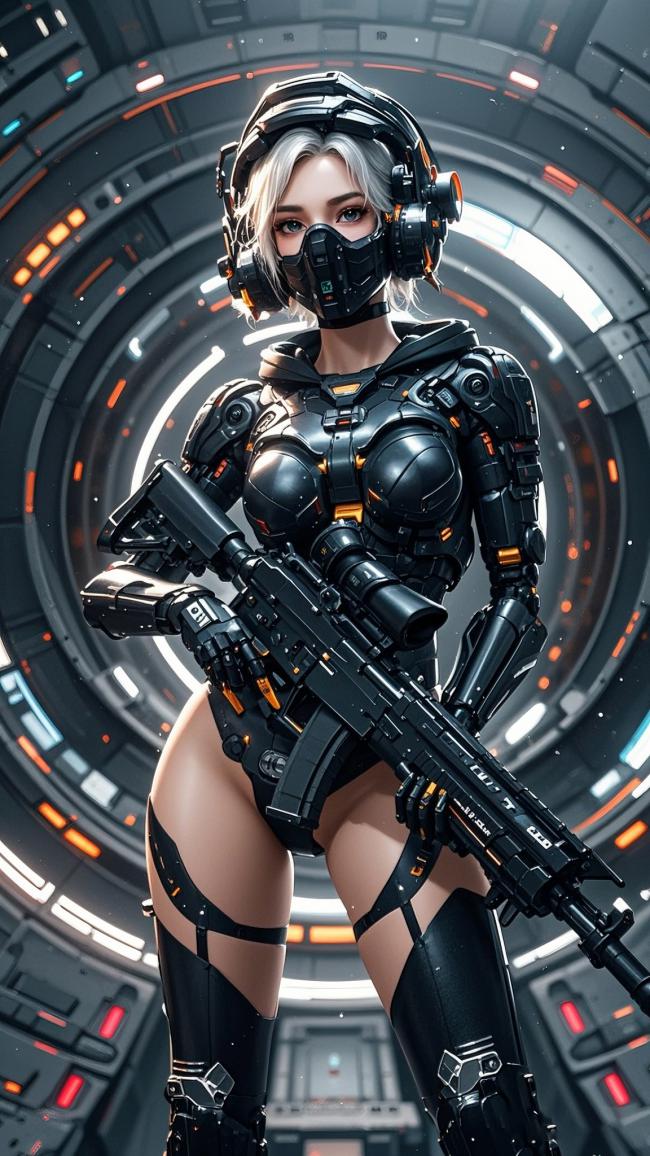 赛博朋克女战士持枪立于霓虹隧道中