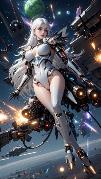 赛博朋克女机甲战士太空激战图