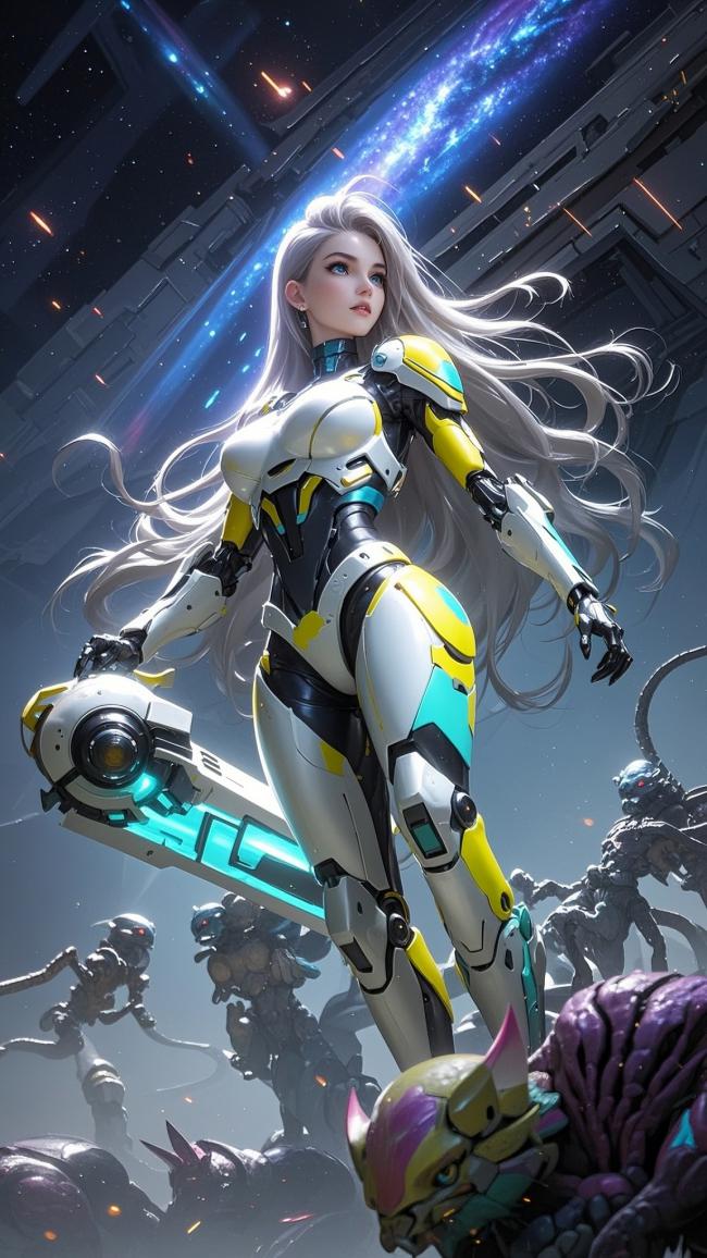 赛博朋克女战士持光刃立于星际战场