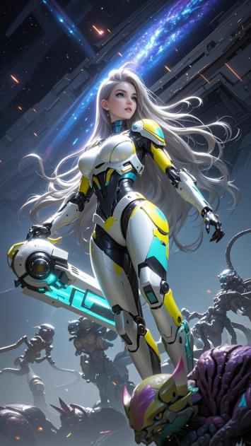 赛博朋克女战士持光刃立于星际战场