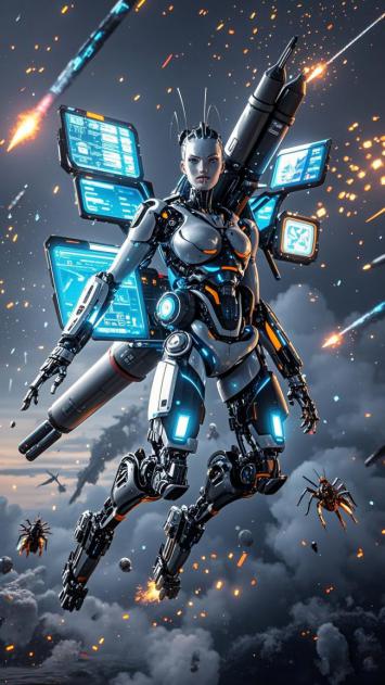 赛博朋克女机甲战士激战云霄