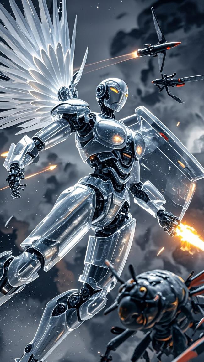 一位银色透明装甲的机甲天使在硝烟弥漫的战场上空飞行，背后展开巨大机械羽翼，双眼与