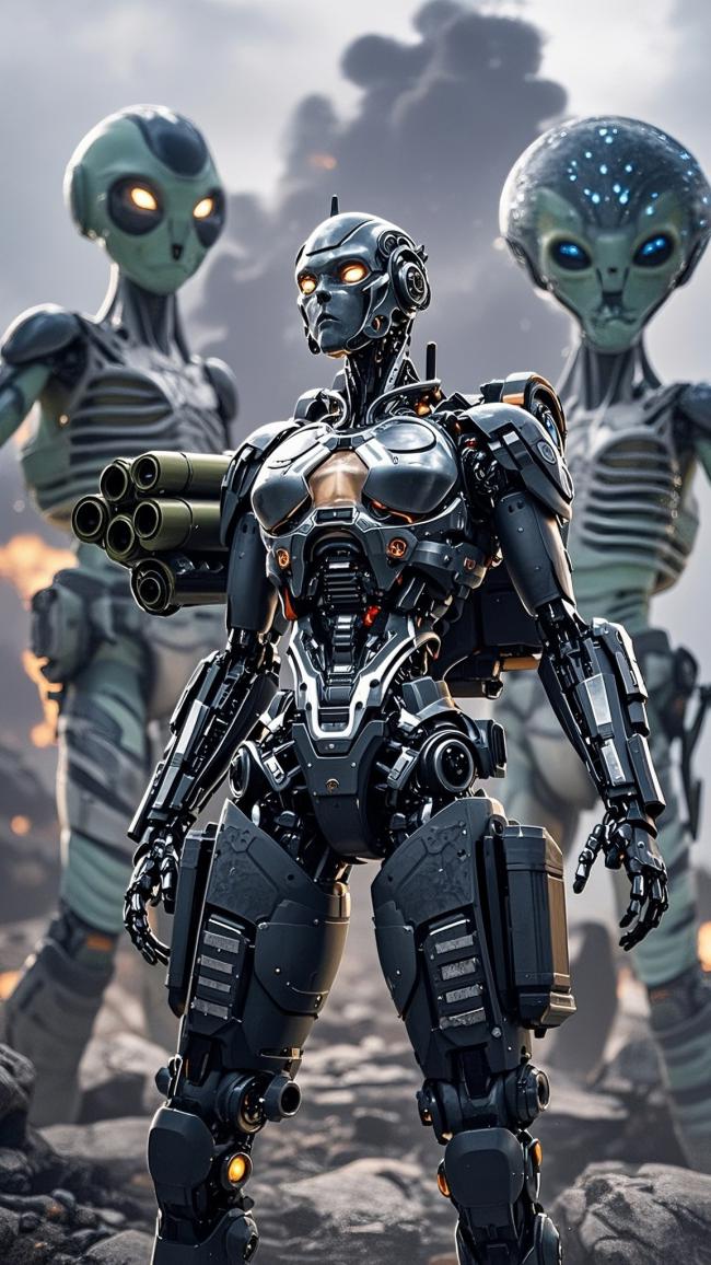 赛博朋克机甲战士对峙外星生物