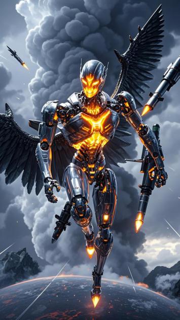 赛博天使翱翔地球轨道，霓虹机甲与黑翼风暴
