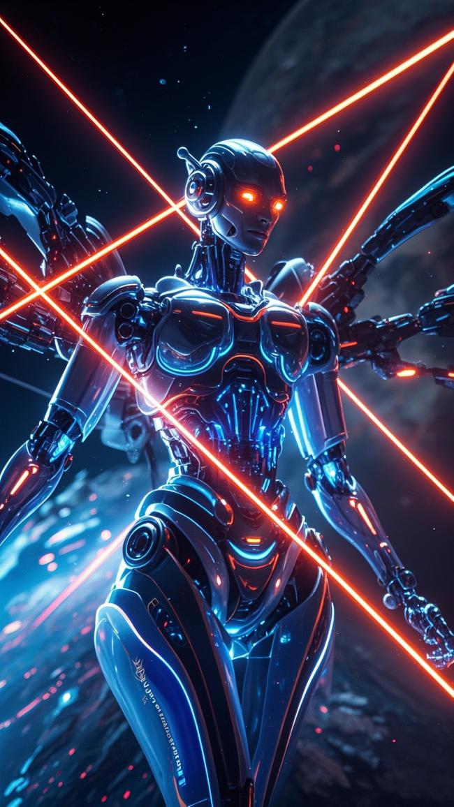 赛博朋克女机甲战士激光对决宇宙星海