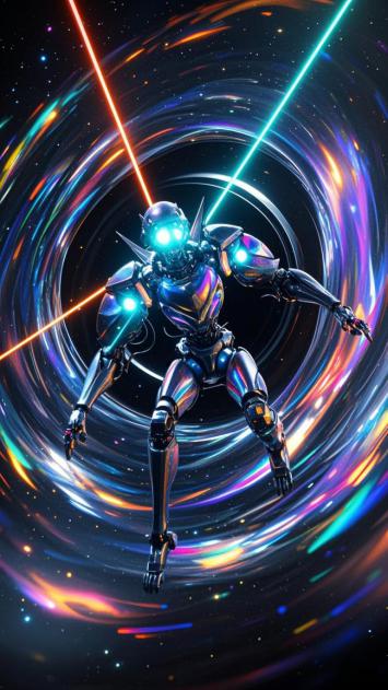 赛博机甲穿梭星轨漩涡，霓虹激光撕裂宇宙空间