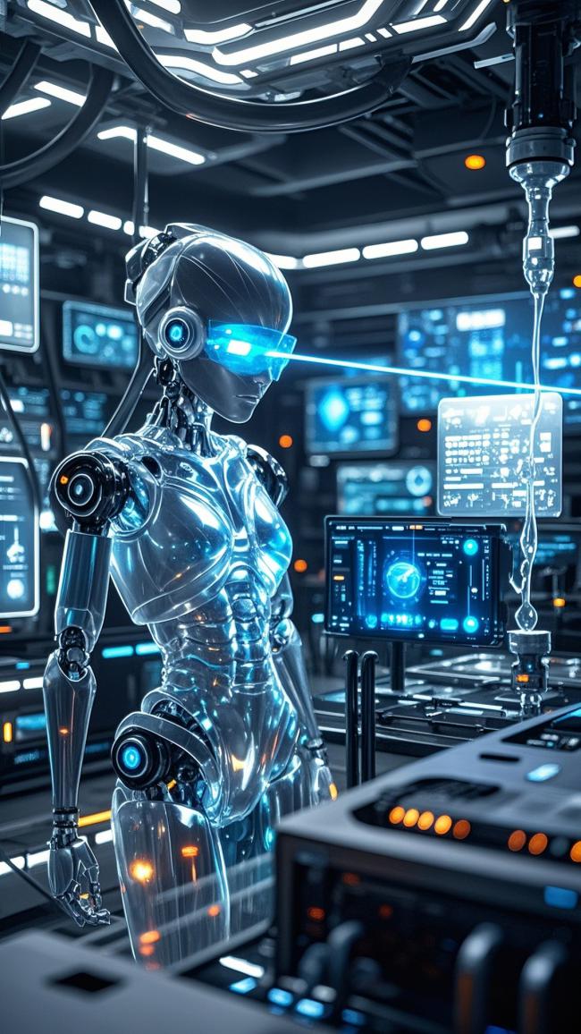 赛博朋克女机甲在科技实验室中操作全息界面