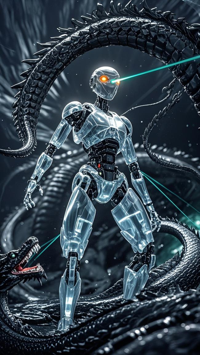 赛博朋克机甲龙战士对峙巨龙场景