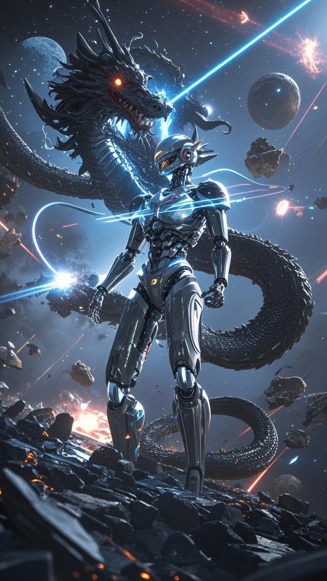 机甲战士对决巨龙：星际废墟中的科幻史诗