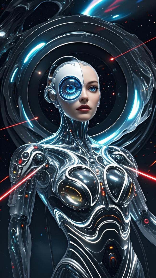 赛博朋克机械女战士：霓虹星空下的未来女神