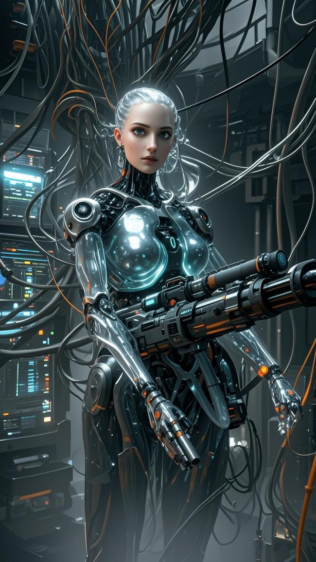 赛博朋克机甲女战士持枪立于神经网络间