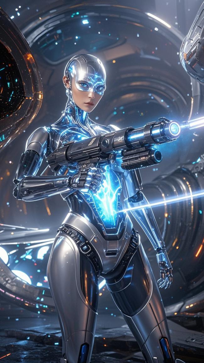 赛博朋克女机甲战士持枪特写