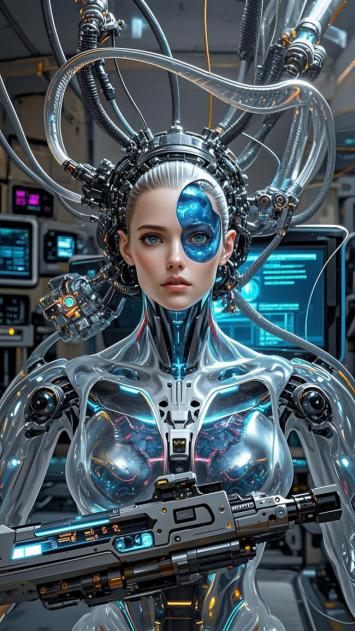 赛博朋克机械女战士持枪特写